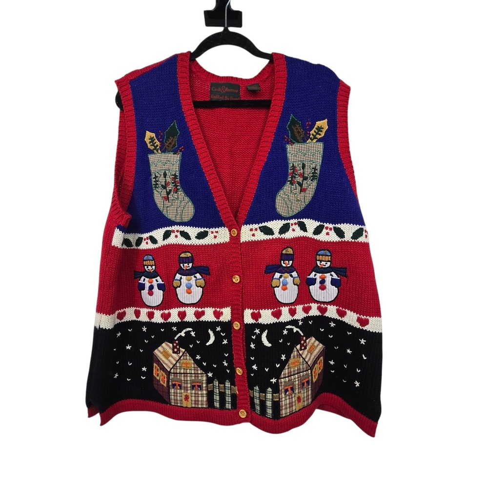 Vintage 90s Croft Barrow Sweater Vest Womens XXL Red Christmas‎ Snowman Holiday